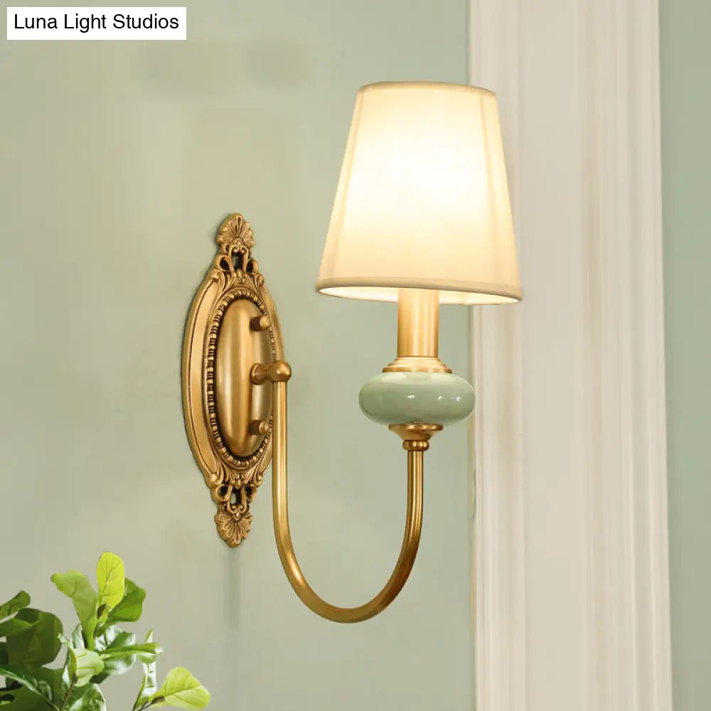 Curved Arm Wall Sconce with Fabric Shade & Jade Accent — 1 or 2 Lights — Brushed Brass Finish for Living Room, Bedroom, Hallway | Thomler
