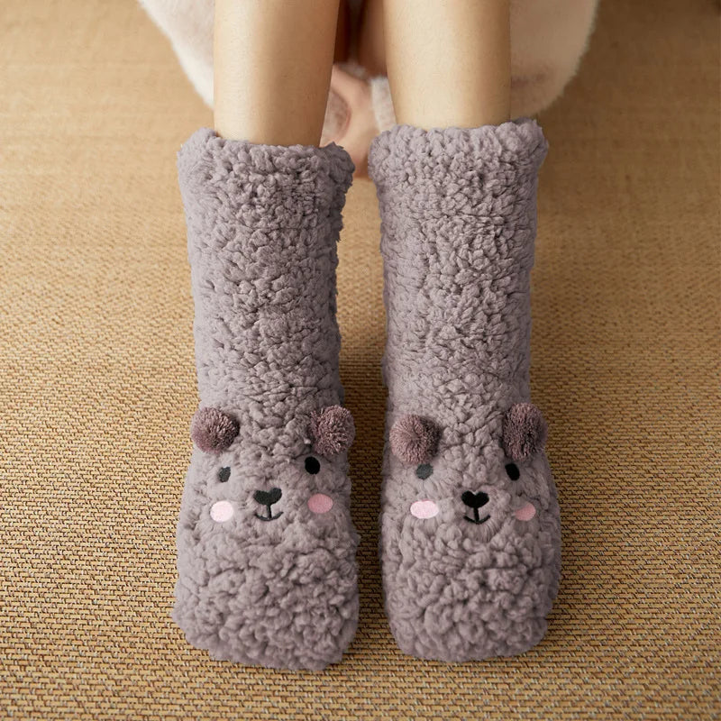 Plush Animal-Face Thermal Fleece Socks – Cozy Grippy Winter House Slippers for Women & Girls | Thomler