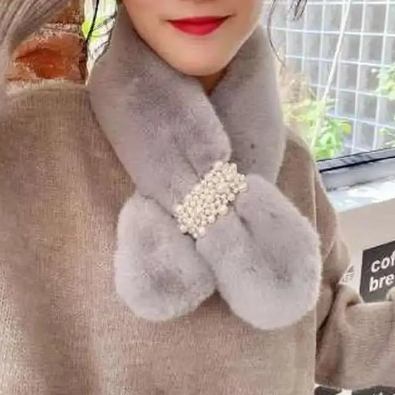 Embellished Faux-Fur Crossover Neckwarmer for Women – Cold-Weather Accessory with Decorative Bead Detail | Thomler