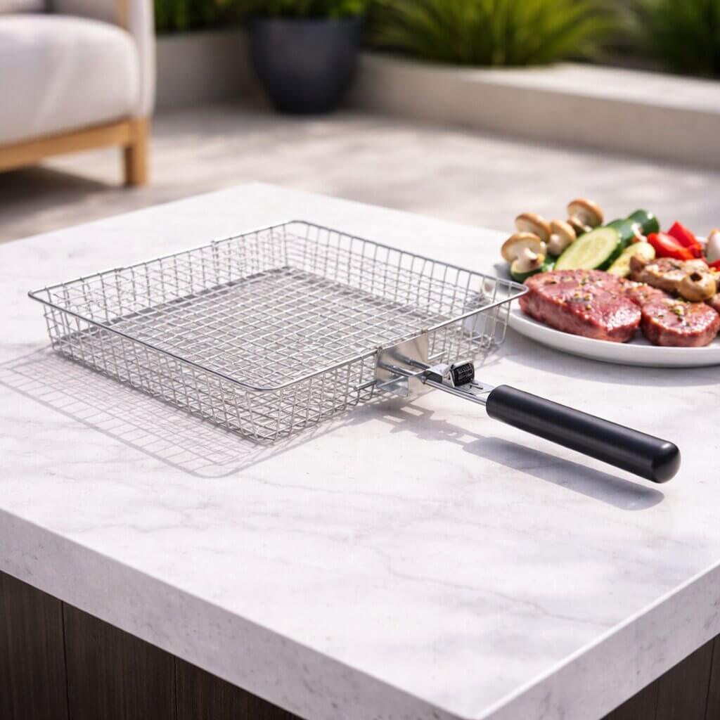 Stainless Steel BBQ Grill Basket for Fish, Vegetables & Small Foods – Open-Grid Grilling Cage with Handle for Outdoor Barbecue | Thomler