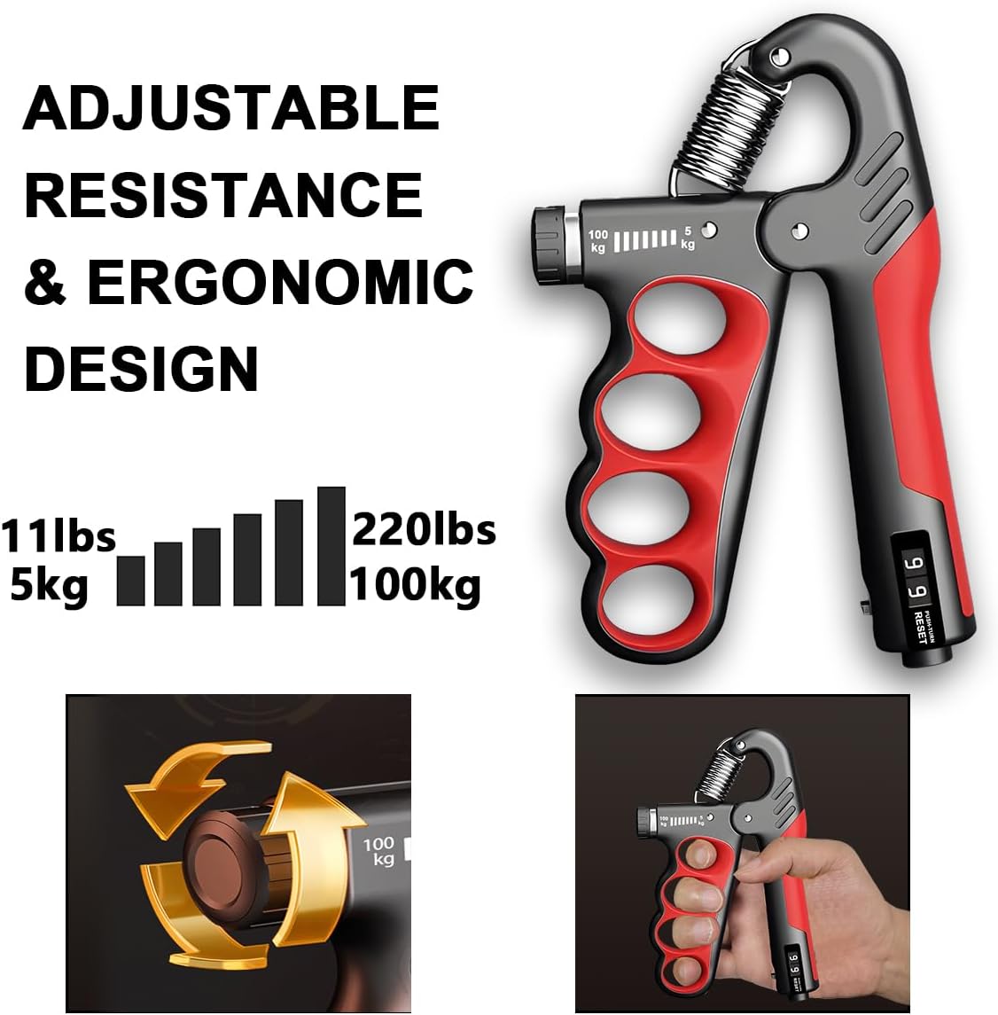 Adjustable Hand Grip Strengthener with Counter Up to 220 lbs Resistance for Forearm Training & Grip Workout at Home or Gym | Thomler