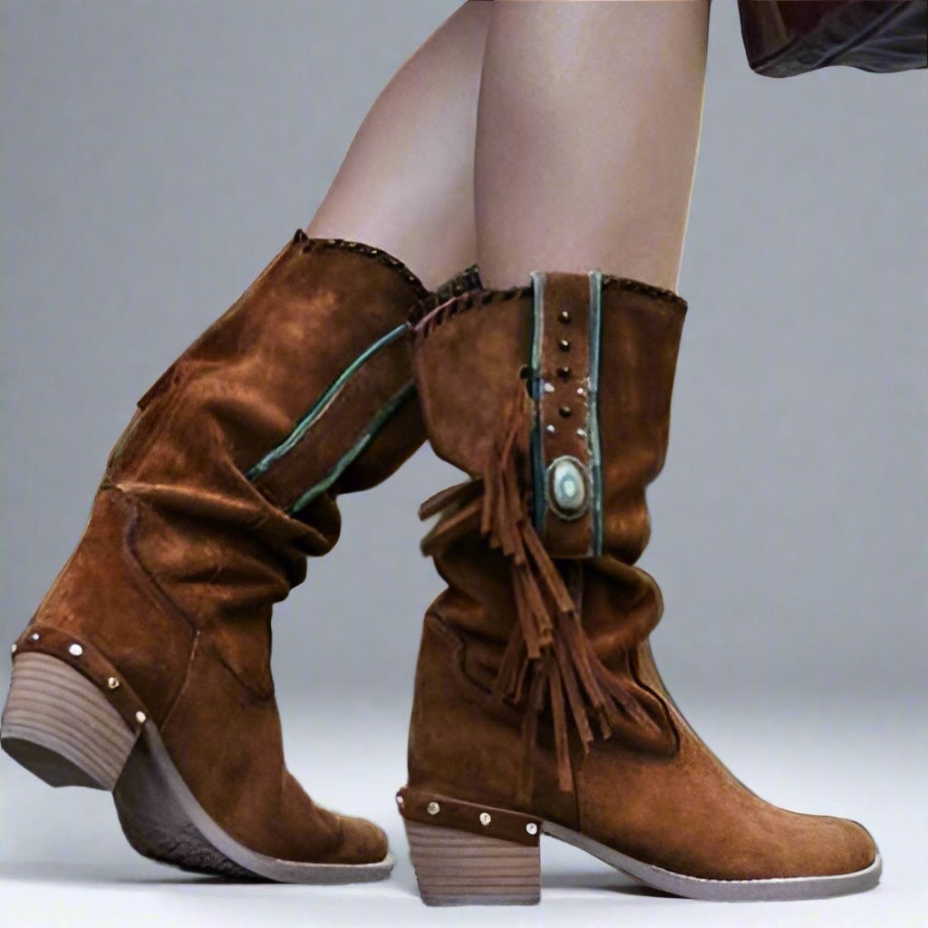 Fringe Mid-Calf Boots – Boho Western Style Women's Ankle Booties for Fall, Winter & Everyday Casual | Thomler