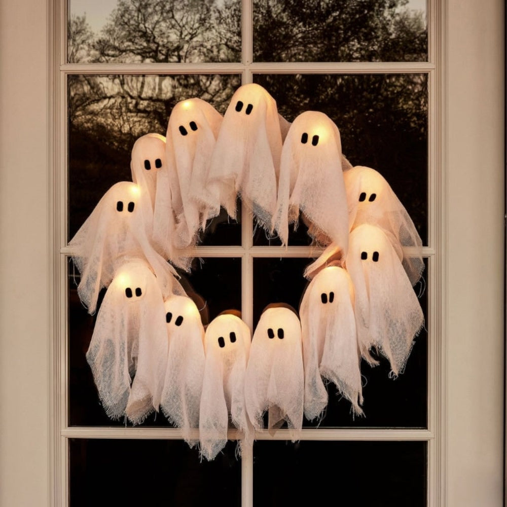 Spooky Lighted Ghost Ring Decoration for Door or Window – 12 Glowing Spirits – Battery-Operated Halloween Hanging Decor | Thomler