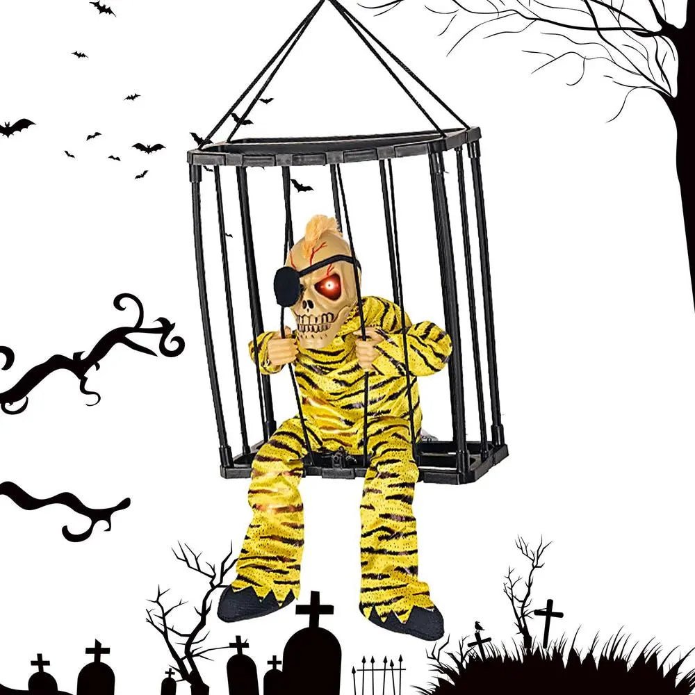 Motion-Activated Screaming Skeleton Cage Prop with Sound & Light Effects for Halloween | Thomler