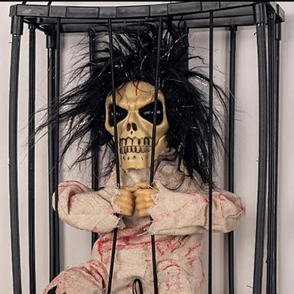 Motion-Activated Screaming Skeleton Cage Prop with Sound & Light Effects for Halloween | Thomler