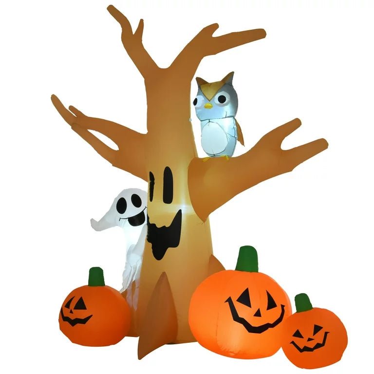7.5 ft LED Spooky Tree Inflatable with Owl, Specter & Jack-o'-Lanterns – Outdoor Yard Display for October Festivities, Weatherproof Setup | Thomler