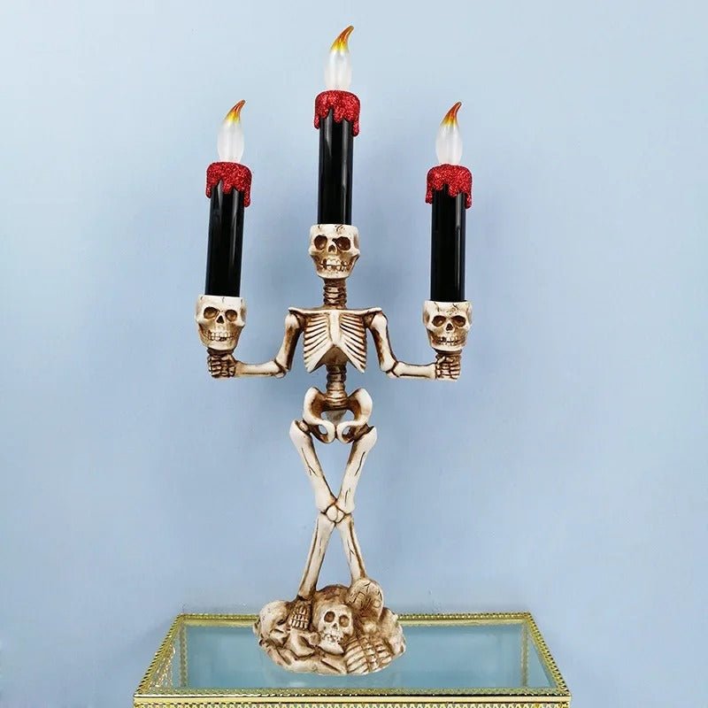 Gothic Bone Cranium Triple-Flame Centerpiece Battery-Powered Macabre Decor Figurine for Parties & Year-Round Display | Thomler