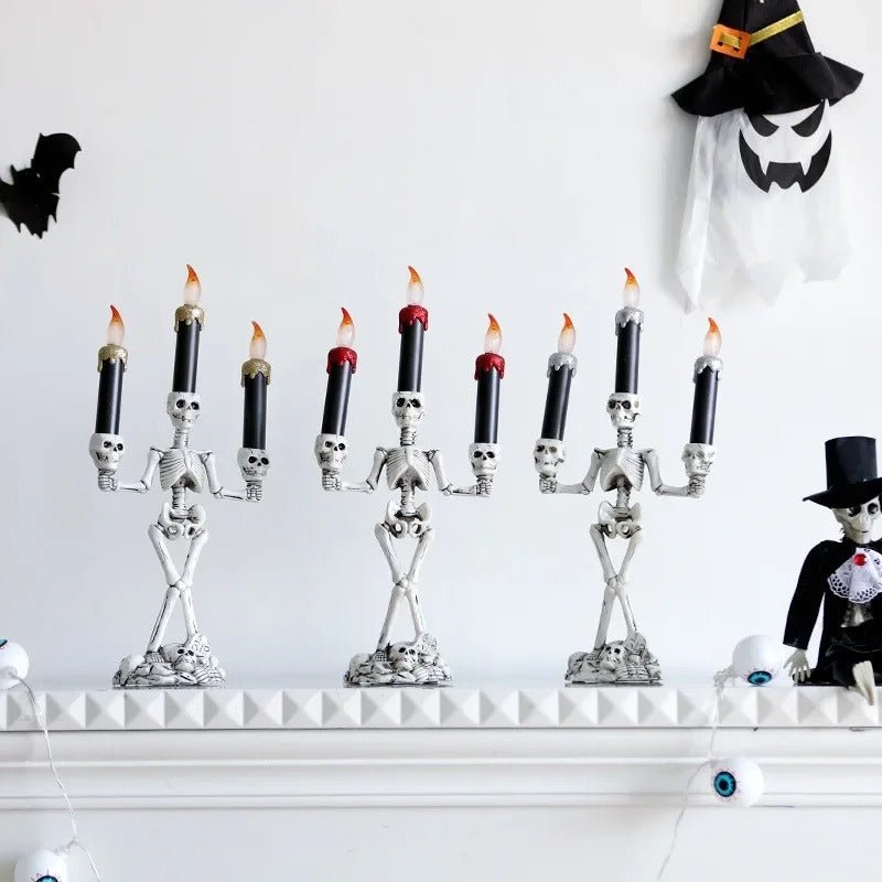 Gothic Bone Cranium Triple-Flame Centerpiece Battery-Powered Macabre Decor Figurine for Parties & Year-Round Display | Thomler