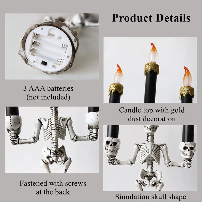 Gothic Bone Cranium Triple-Flame Centerpiece Battery-Powered Macabre Decor Figurine for Parties & Year-Round Display | Thomler