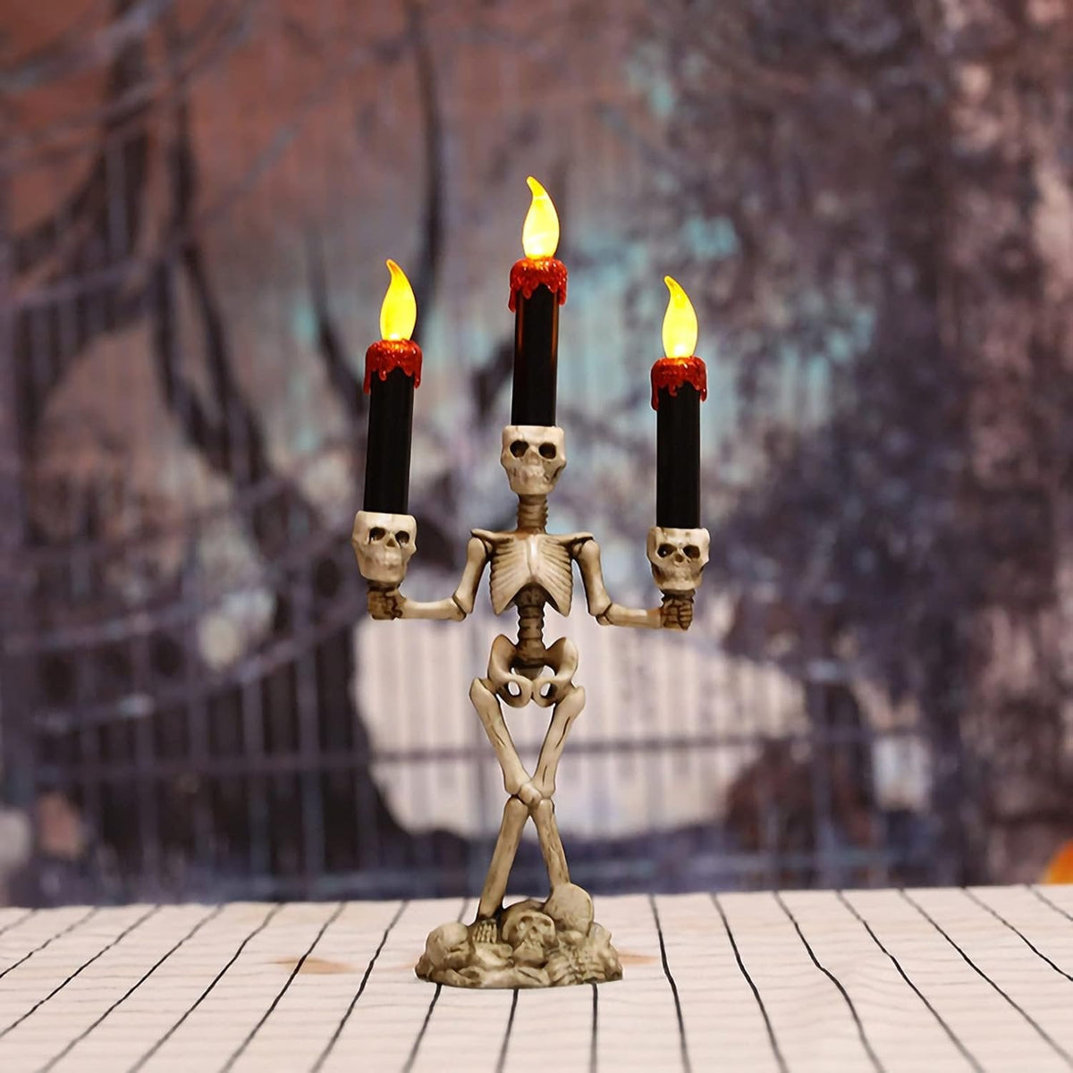 Gothic Bone Cranium Triple-Flame Centerpiece Battery-Powered Macabre Decor Figurine for Parties & Year-Round Display | Thomler