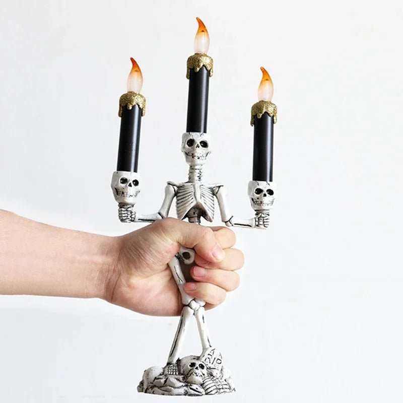 Gothic Bone Cranium Triple-Flame Centerpiece Battery-Powered Macabre Decor Figurine for Parties & Year-Round Display | Thomler