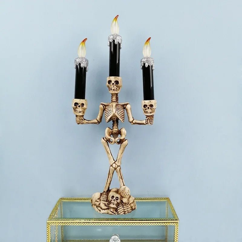 Gothic Bone Cranium Triple-Flame Centerpiece Battery-Powered Macabre Decor Figurine for Parties & Year-Round Display | Thomler
