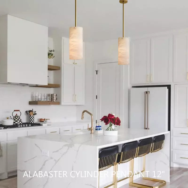 Alabaster Cylinder Pendant Light 9-14 in Natural Stone Single Bulb E26 Hardwire for Kitchen Island Dining Room Bedroom Hallway | Thomler