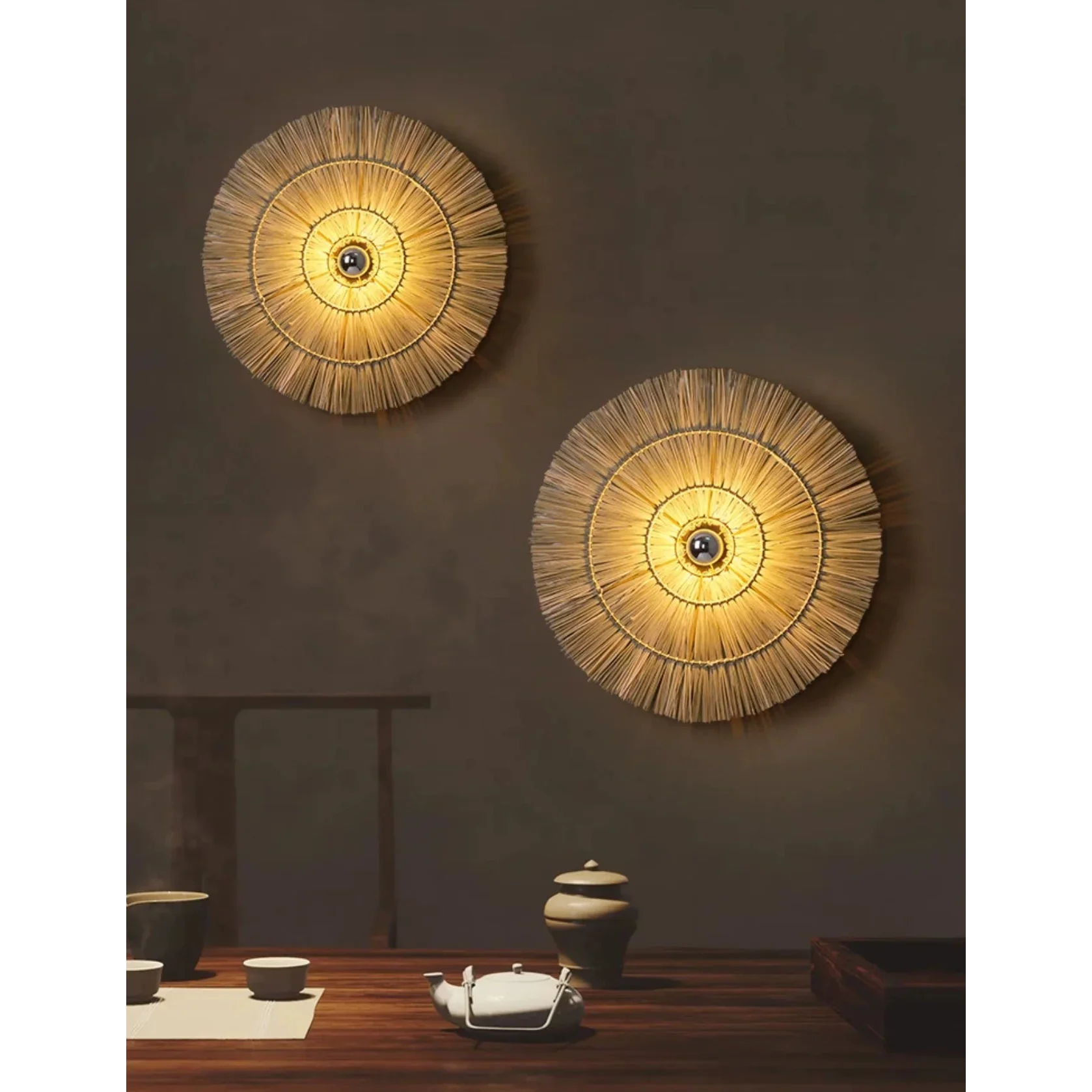 Wall Lamp Rattan 15.7 in 23.6 in 31.5 in Brown Bedroom Living Room Decorative Lighting Fixture Boho Natural Woven | Thomler