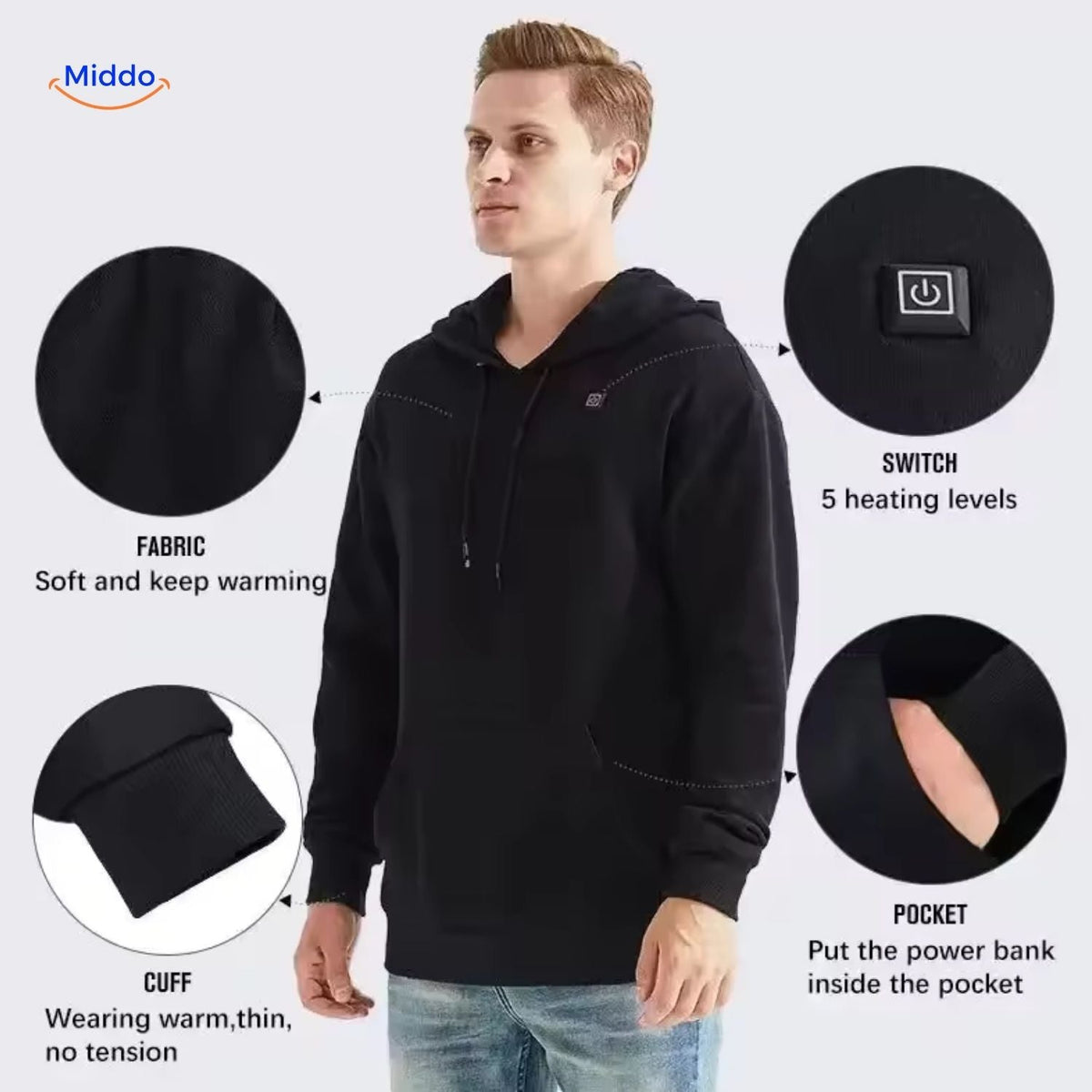 USB Heated Hoodie – Adjustable Warmth Control, Machine Washable, Soft Fleece Pullover for Cold Weather | Thomler