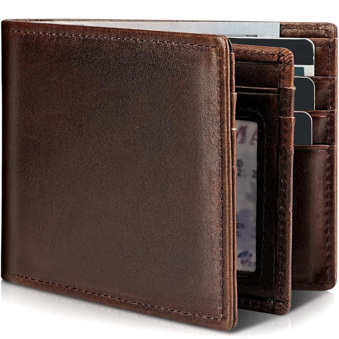 Genuine Leather RFID-Blocking Bifold Wallet for Men – Slim Card Holder with ID Window & Cash Compartment | Thomler