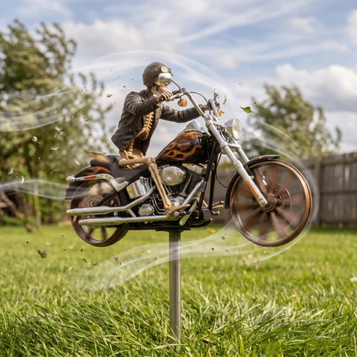 Skeleton Biker Wind Spinner Garden Stake Metal Chopper Motorcycle Lawn Ornament Outdoor Yard Art Halloween Decoration Spinning Wheels for | Thomler