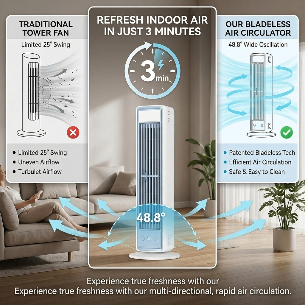 Rechargeable Tower Fan with Remote – 5 Speed Settings, Oscillating Desk & Floor Standing Air Circulator for Bedroom, Office, Kitchen | Thomler