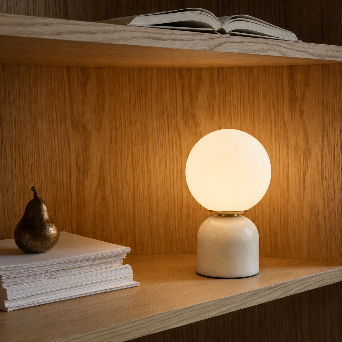 Marble Table Lamp with Frosted Globe Shade – Warm White LED Light for Bedroom Nightstand & Living Room – Modern Minimalist Accent Lighting | Thomler