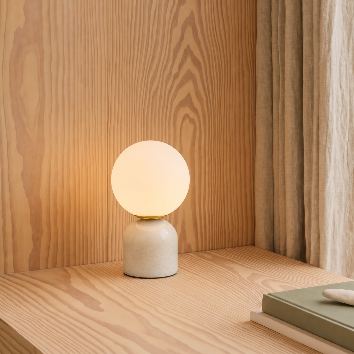 Marble Table Lamp with Frosted Globe Shade – Warm White LED Light for Bedroom Nightstand & Living Room – Modern Minimalist Accent Lighting | Thomler