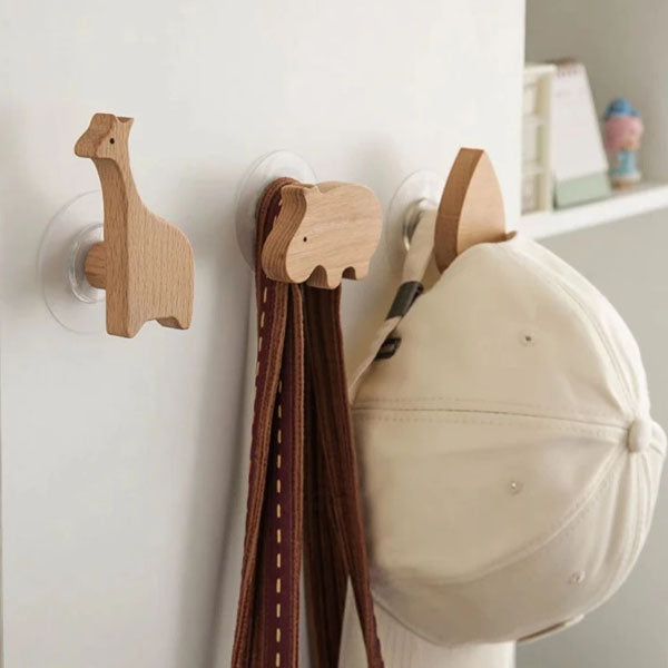 Wall Hooks Wooden Animal Self Adhesive Natural Kids Bedroom Nursery Coat Bag Holders Scandinavian Decor | Thomler