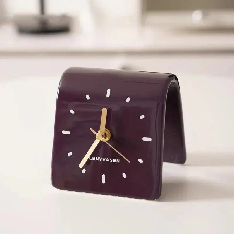 Desk Clock Ceramic 12.0 cm Compact Silent Quartz Rounded Shape Black Brown Minimalist Home Office Bedroom Timepiece | Thomler