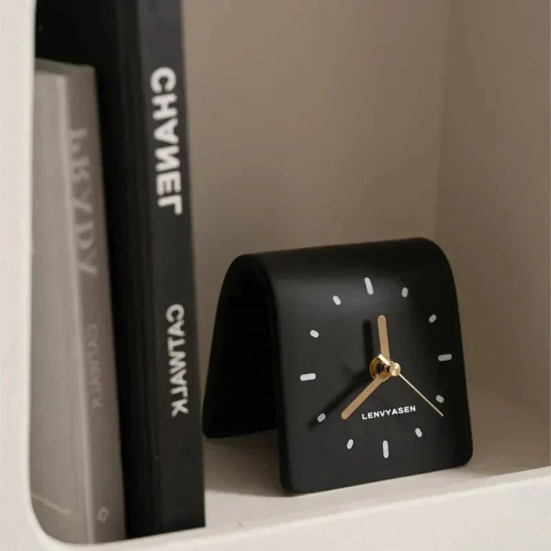 Desk Clock Ceramic 12.0 cm Compact Silent Quartz Rounded Shape Black Brown Minimalist Home Office Bedroom Timepiece | Thomler