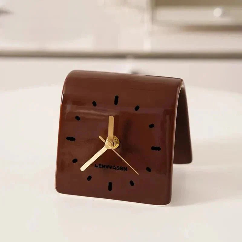 Desk Clock Ceramic 12.0 cm Compact Silent Quartz Rounded Shape Black Brown Minimalist Home Office Bedroom Timepiece | Thomler