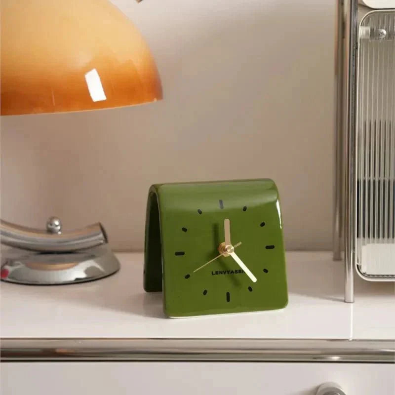 Desk Clock Ceramic 12.0 cm Compact Silent Quartz Rounded Shape Black Brown Minimalist Home Office Bedroom Timepiece | Thomler