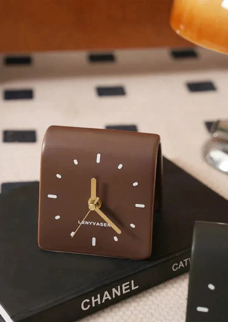 Desk Clock Ceramic 12.0 cm Compact Silent Quartz Rounded Shape Black Brown Minimalist Home Office Bedroom Timepiece | Thomler