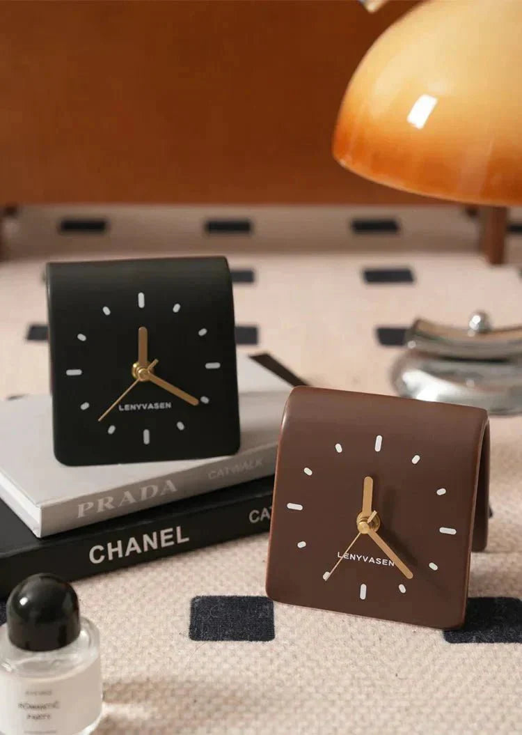 Desk Clock Ceramic 12.0 cm Compact Silent Quartz Rounded Shape Black Brown Minimalist Home Office Bedroom Timepiece | Thomler