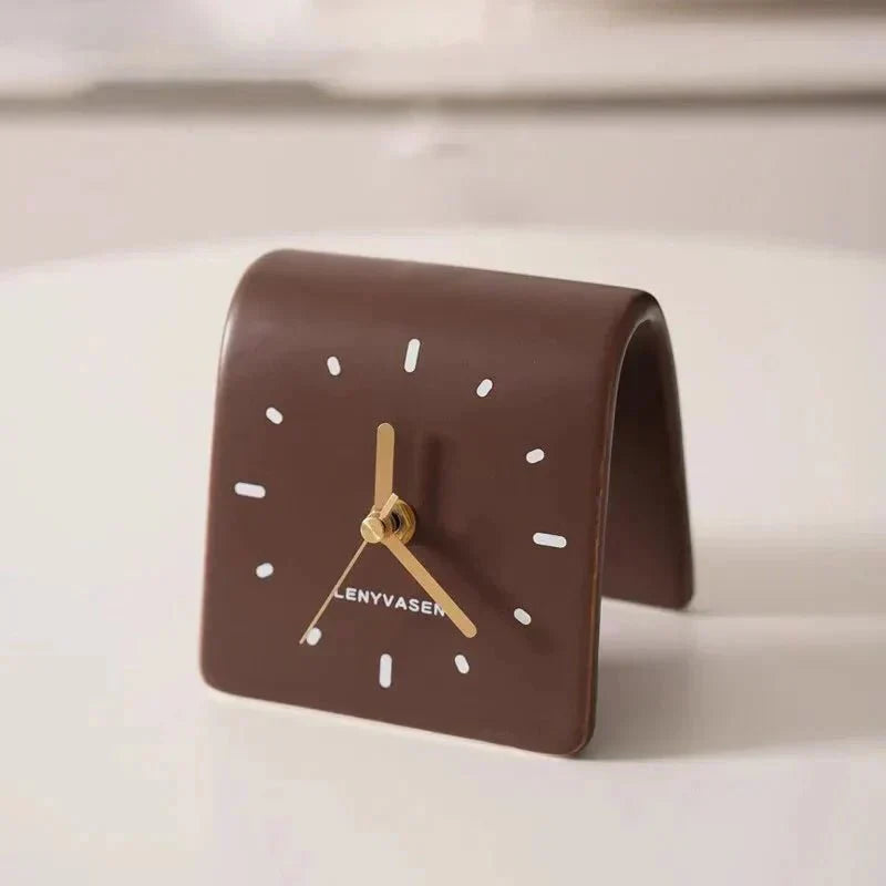Desk Clock Ceramic 12.0 cm Compact Silent Quartz Rounded Shape Black Brown Minimalist Home Office Bedroom Timepiece | Thomler