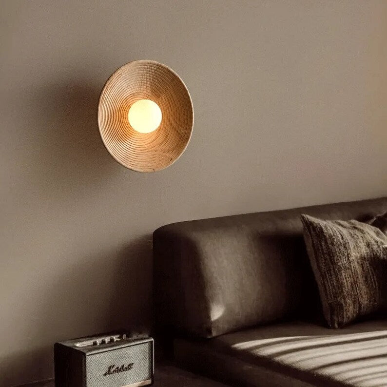 Wall Lamp Wood Glass 27.0 cm Natural Bedroom Hallway Japandi Retro Vintage Ambient Lighting Fixture | Thomler
