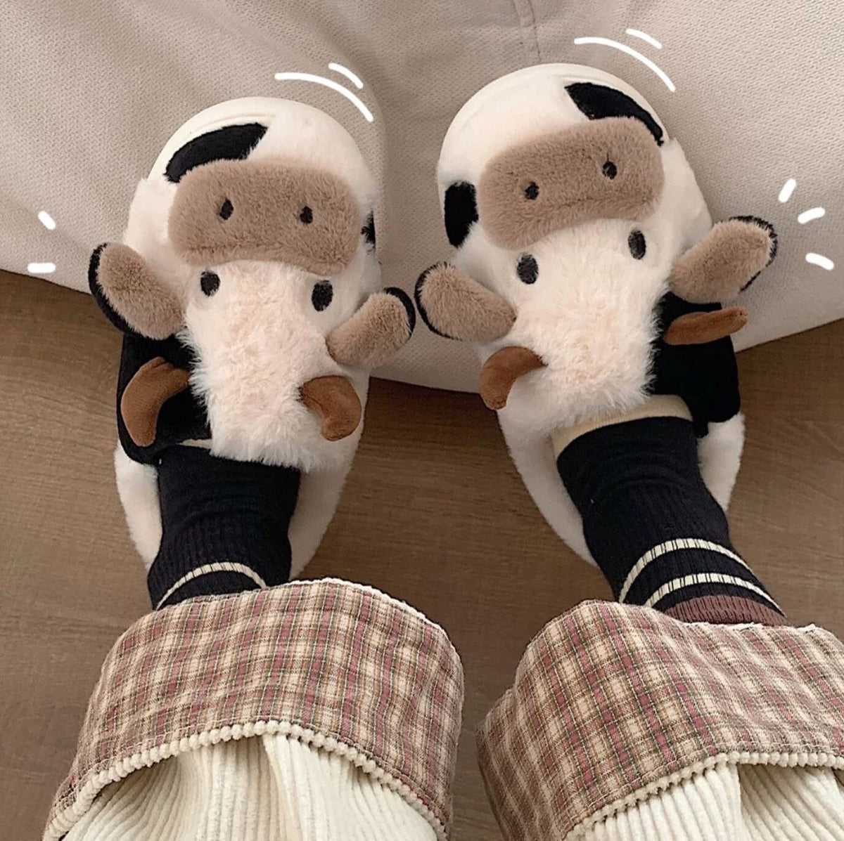 Women's Plush Cow House Slippers with Non-Slip Sole – Cozy Animal Design Indoor Footwear for Fall & Winter | Thomler