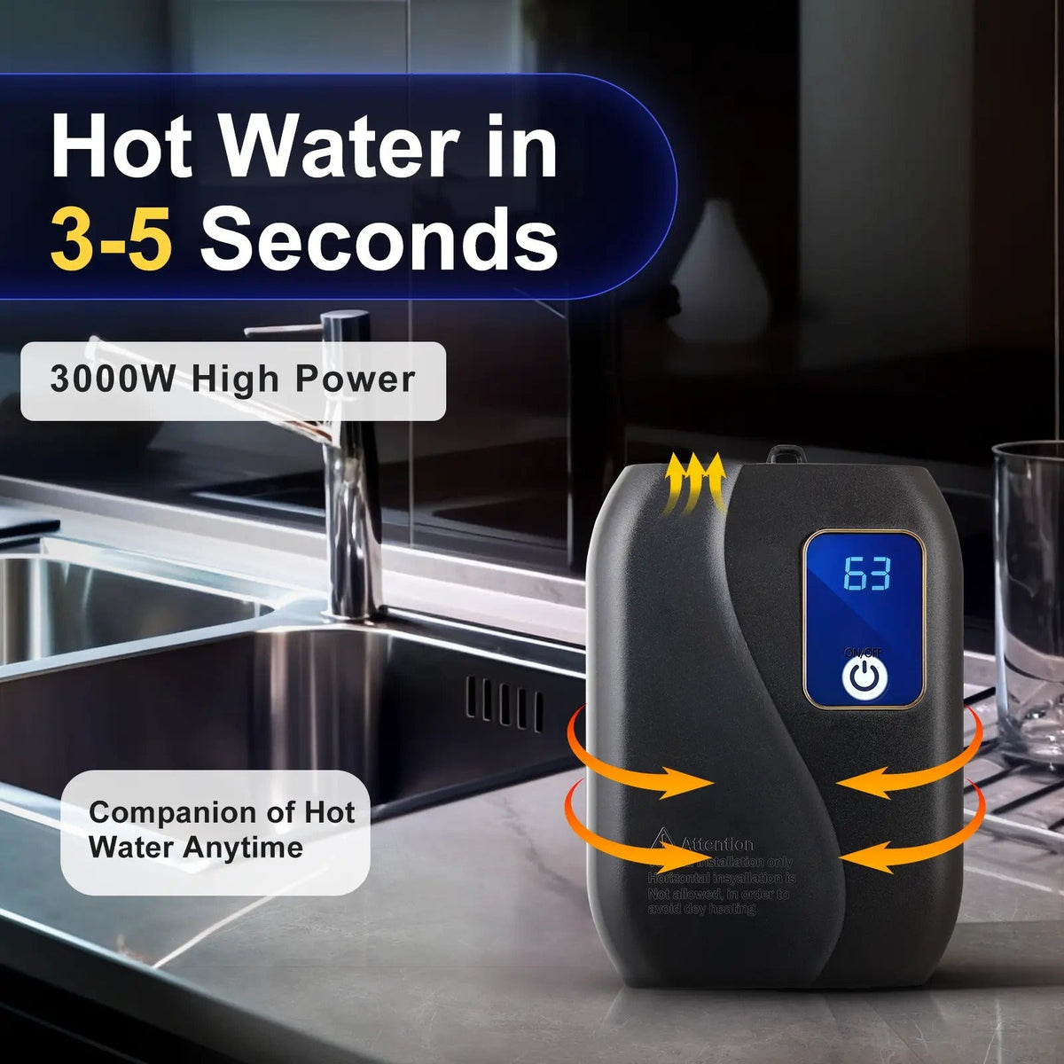 Electric Tankless Water Heater 3000W 110V On-Demand Hot Water System for Bathroom Kitchen Space-Saving Wall-Mount LED Display | Thomler