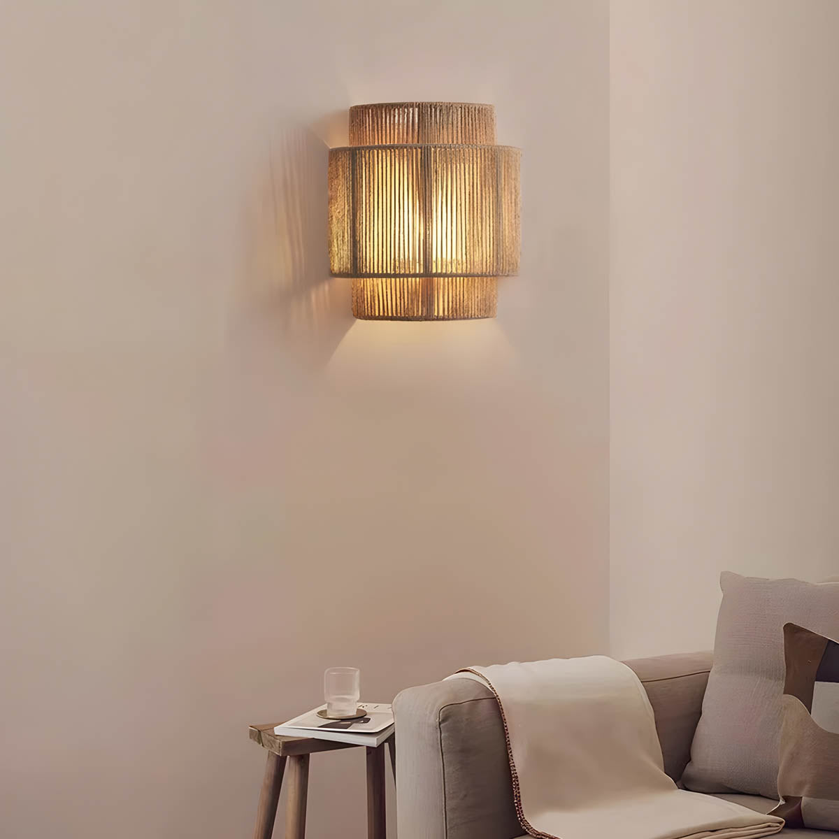 Artisan-Crafted Rope Sconce – Textured Fiber Shade, Ambient LED, Natural Boho Charm for Bedroom, Hallway & Coastal Decor | Thomler