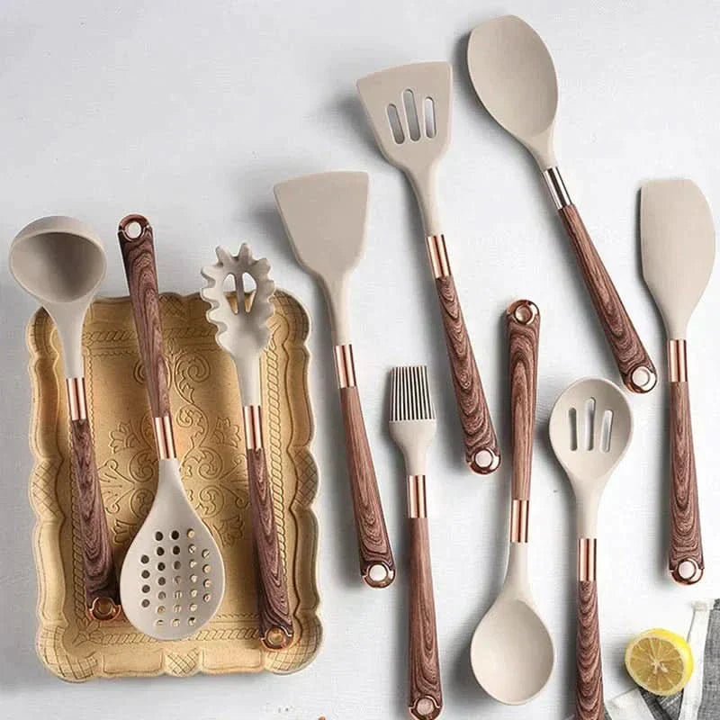 Silicone Cooking Utensil Set with Wooden Handles – 10-Piece Non-Stick Safe Tools for Everyday Meal Prep | Thomler