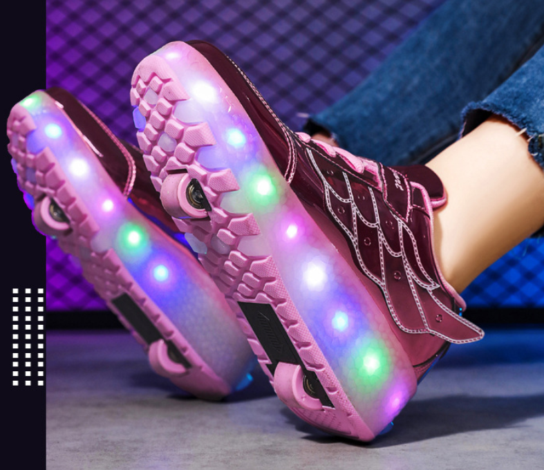 Roller Skate Sneakers Canvas USB Rechargeable LED 24.0 cm Pink Outdoor Play Teens Children Fun Shoes Wings | Thomler