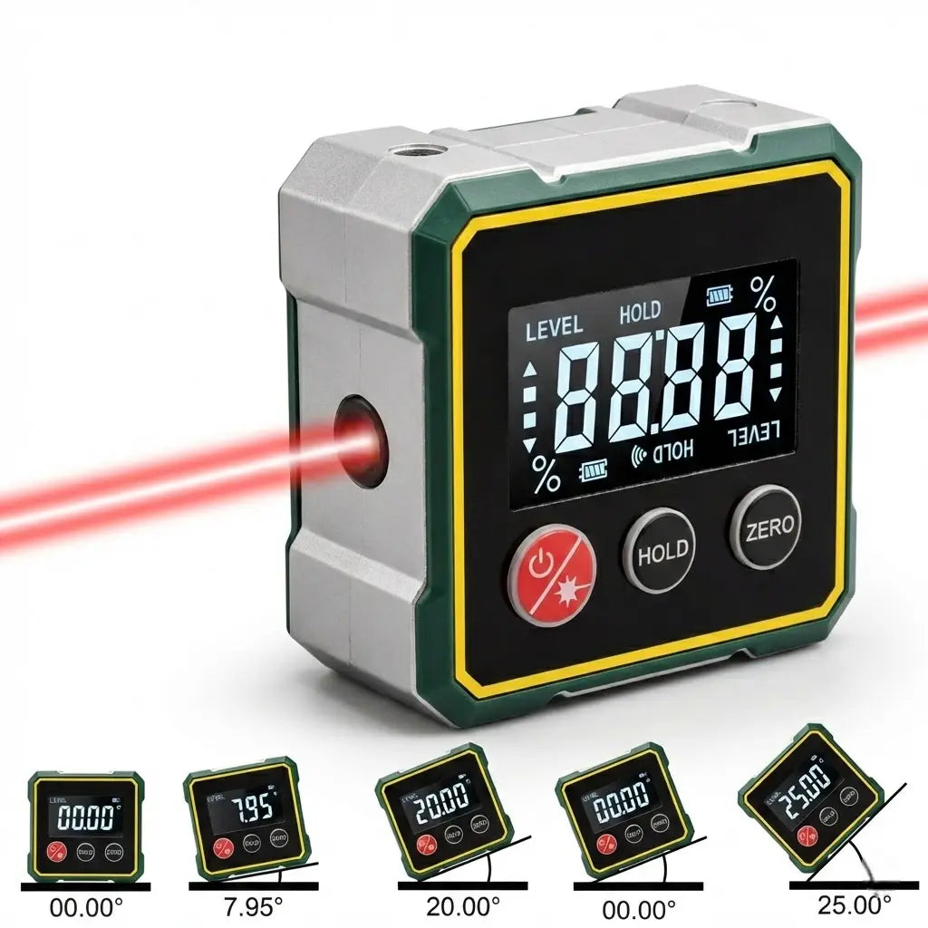 Magnetic Angle Finder with Dual Laser Level for Wall Mounting, Carpentry & DIY Projects – Digital Display, Battery Powered | Thomler