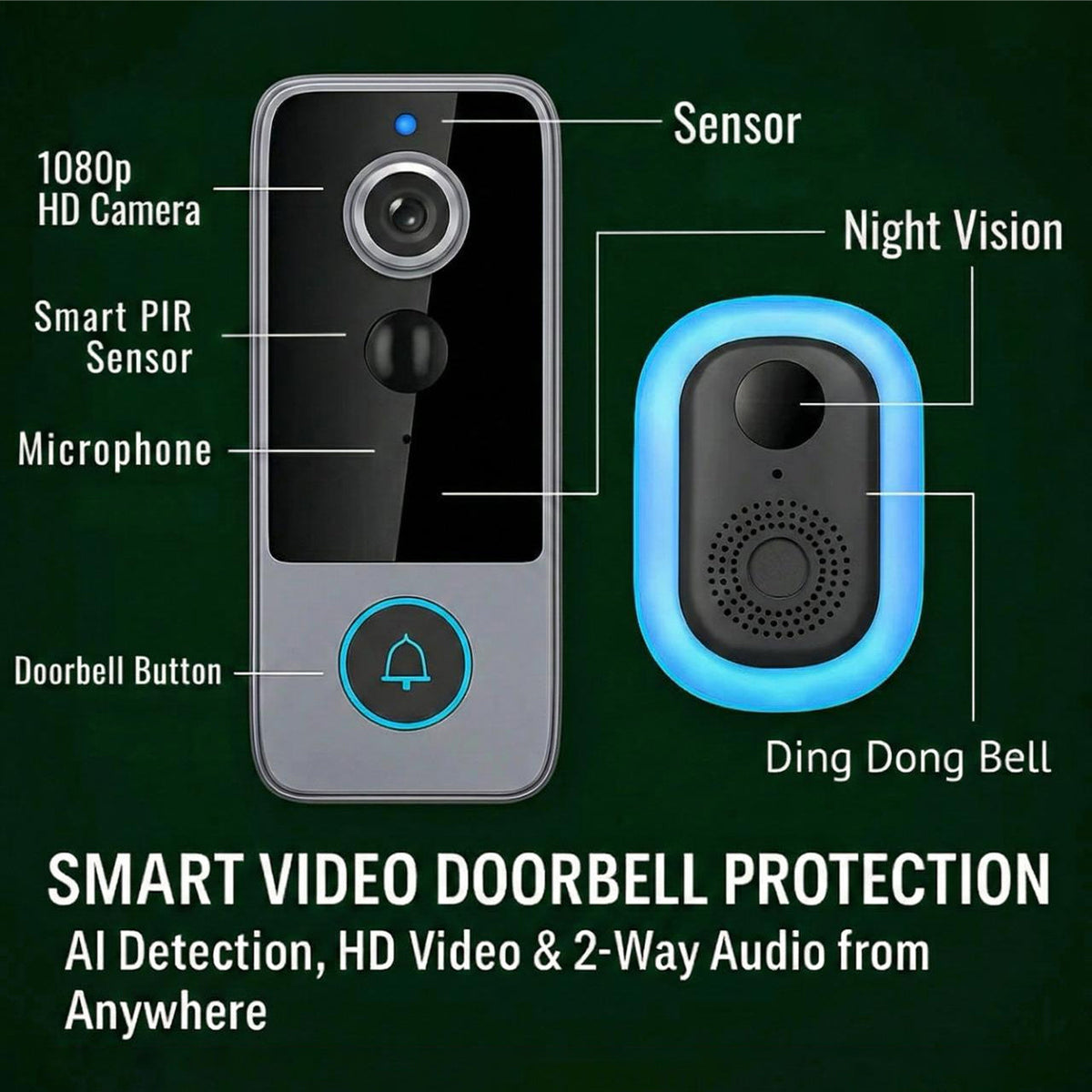 Wireless Smart Video Doorbell Camera with HD Recording and Two-Way Talk for Home Security | Thomler