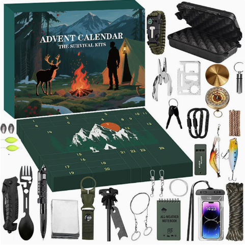 Wilderness Countdown Calendar – 24 Daily Camping & Bushcraft Essentials for Men, Field-Ready Emergency Kit with Multi-Tools, Fire Starters | Thomler