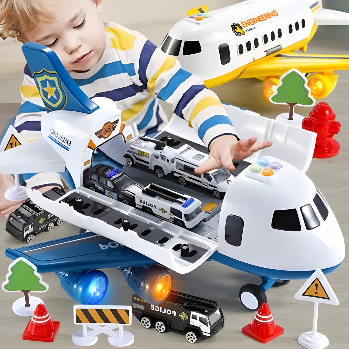 Giant Push-Powered Cargo Airplane Playset with Emergency Vehicles & Traffic Signs for Ages 3-12 | Thomler
