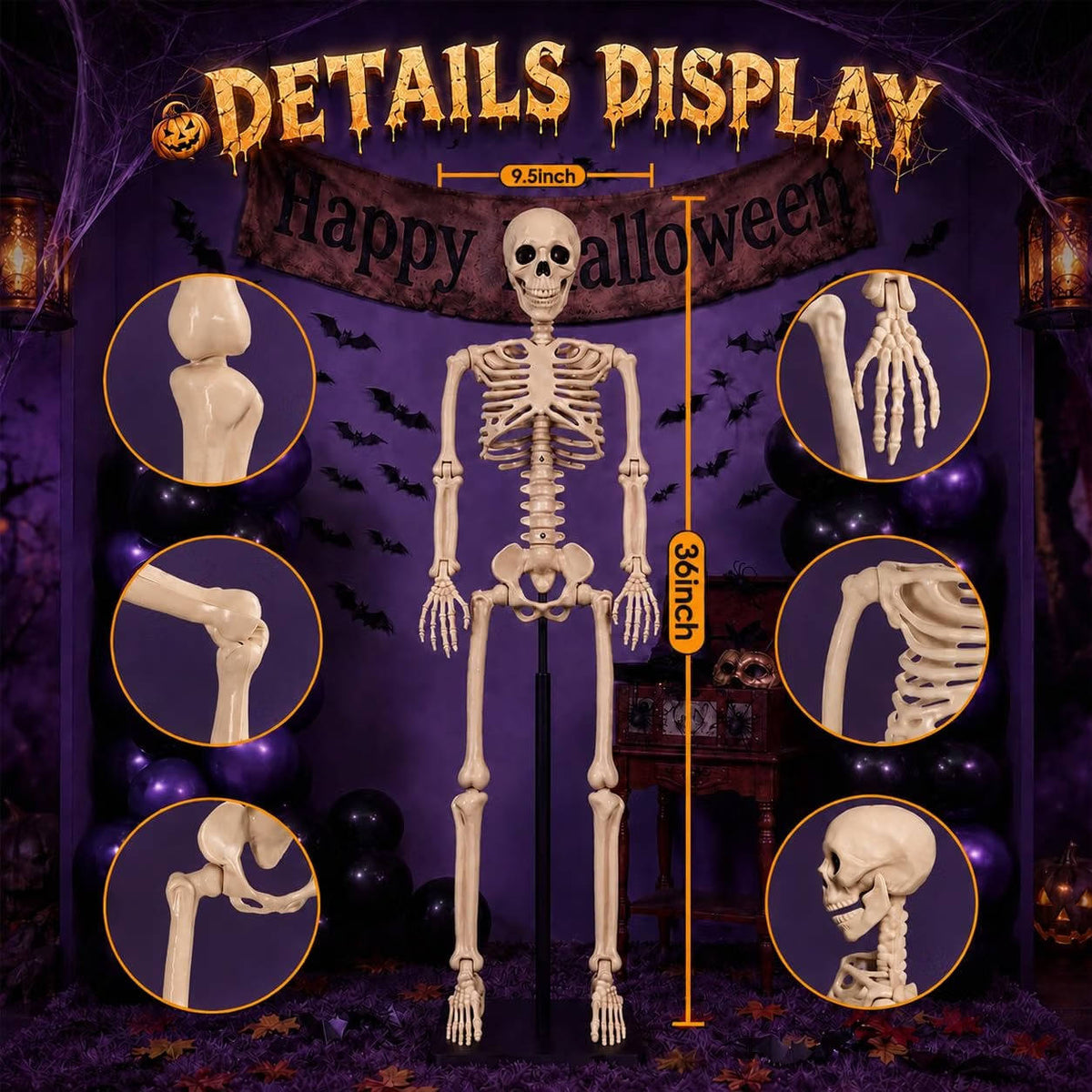 Full-Body Poseable Skeleton Decorations – 3 ft Tall, Set of 2 for Halloween Yard Displays | Thomler