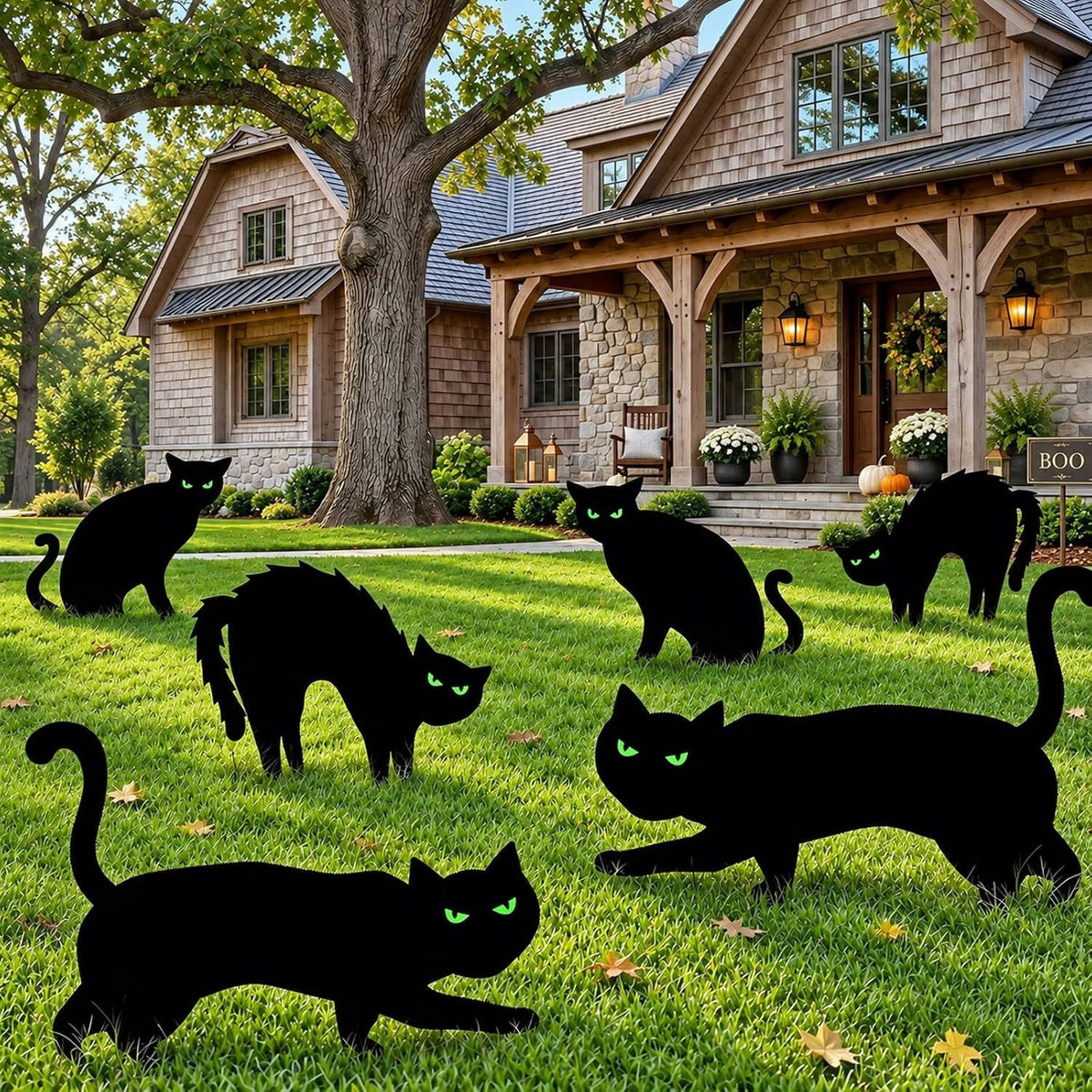 Glow-in-the-Dark Black Cat Silhouette Stakes for Halloween Yard Decorations – 6-Piece Set with Phosphorescent Eyes | Thomler