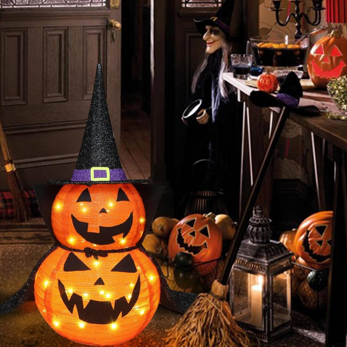 Glowing 3 ft LED Jack-O'-Lantern with Wizard Hat – Set of 2 Foldable Outdoor Halloween Yard Figures for Lawn, Porch & Indoor Party Displays | Thomler