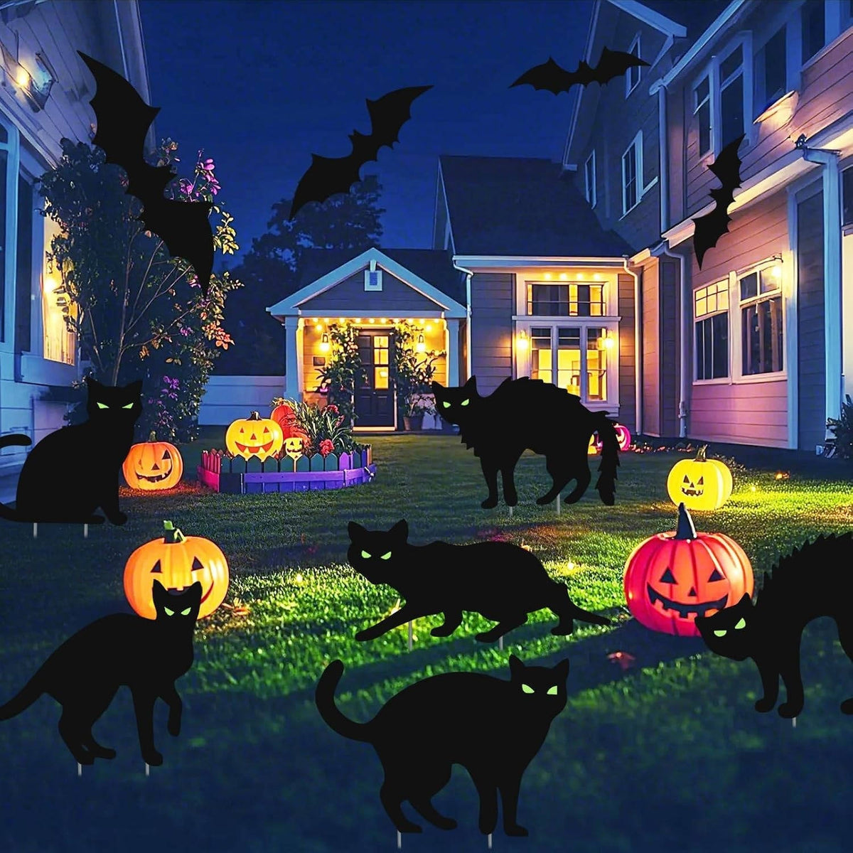 Glow-in-the-Dark Black Cat Silhouette Stakes for Halloween Yard Decorations – 6-Piece Set with Phosphorescent Eyes | Thomler