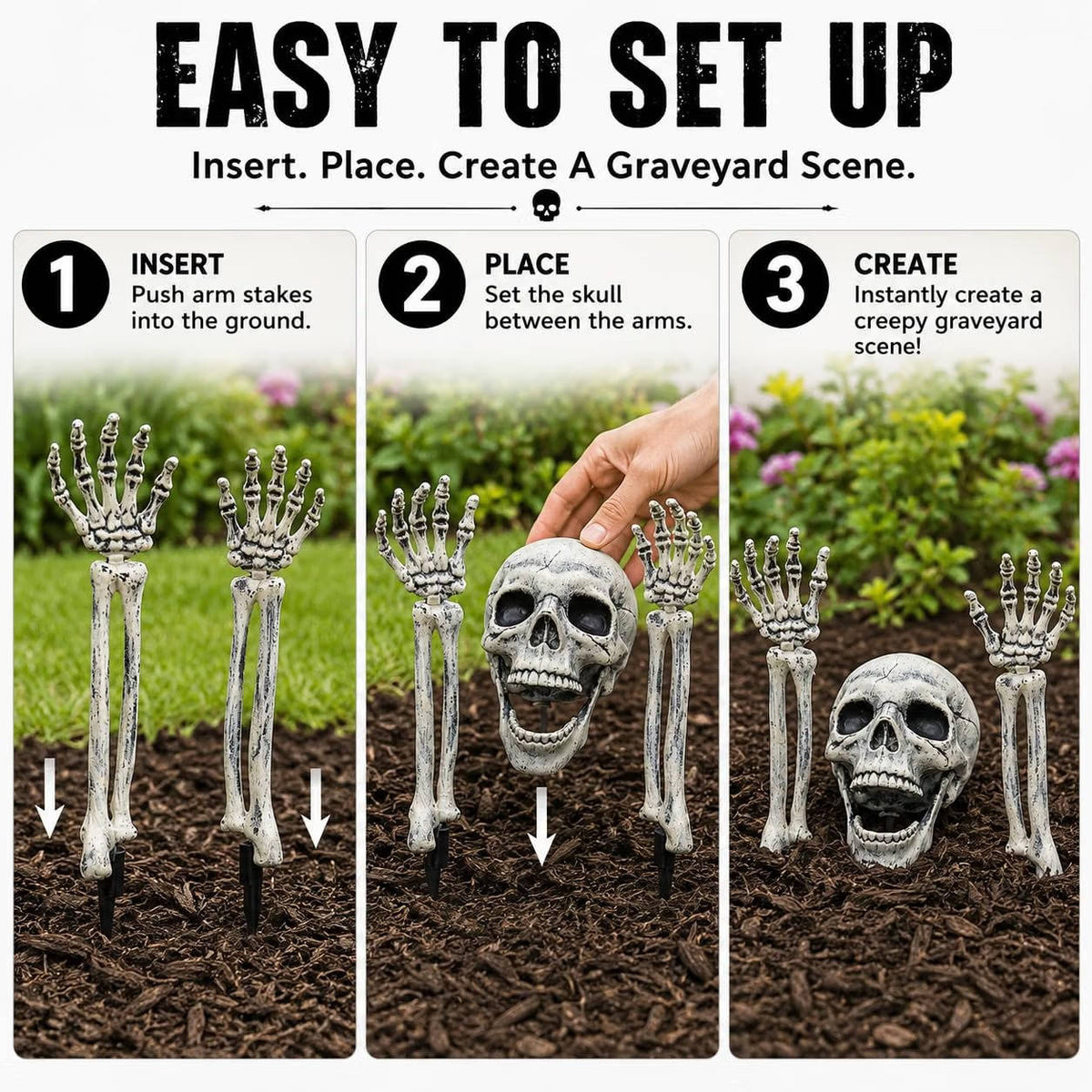 Ground-Emerging Skeleton Yard Stakes – Skull & Arms Halloween Lawn Decor for Outdoor Garden & Graveyard Scenes | Thomler