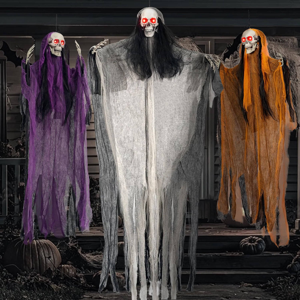 Hanging Skull Phantom Trio with Glowing Eyes – Indoor Outdoor Halloween Decor Set | Thomler