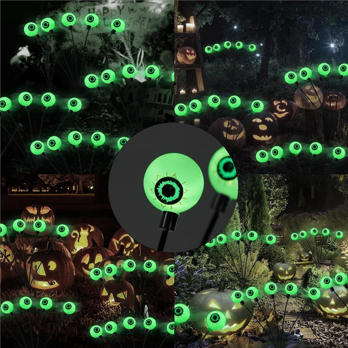 Solar-Powered LED Eyeball Garden Stakes – Set of 4 Spooky Outdoor Lights for Halloween Yard Decor – Weatherproof Lawn Path Illumination | Thomler