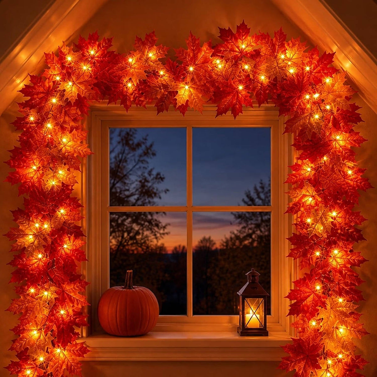 9 ft Lighted Autumn Garland with 50 Orange Bulbs – Indoor & Outdoor Fall Decor | Thomler